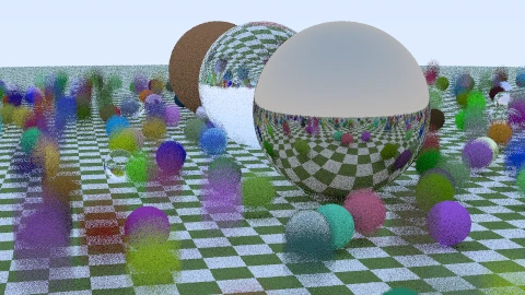 Glass and metallic spheres on a checkerboard rendered by fortrace