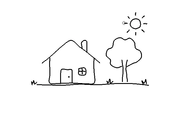 A house, tree and sun drawn with flowing freehand strokes in QuickSketch