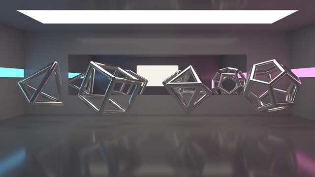 The original polygons render, with polished metal frames and sharper reflections in the mirror and floor