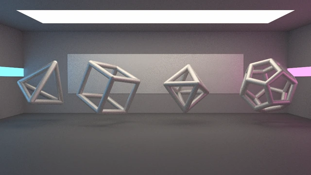 The polygons scene with rough metal and room surfaces, producing broad highlights and blurred reflections