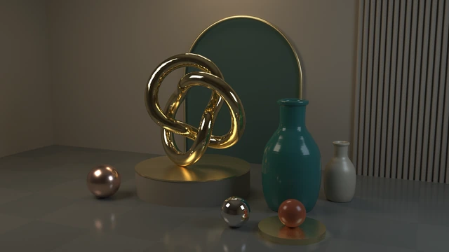 A gold knot sculpture, glazed teal and ivory vases, and metallic spheres on a reflective tiled floor, rendered in Mango