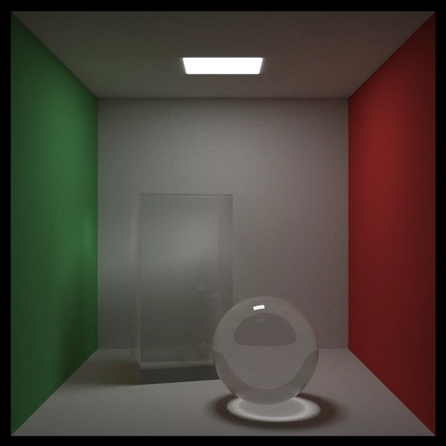 Glass objects inside a Cornell box rendered by my Python ray tracer